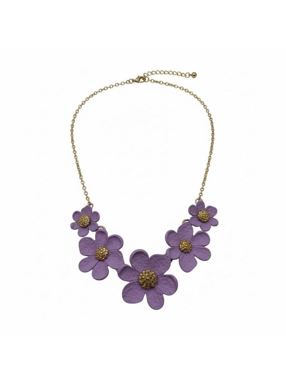 Clover Purple Daisy Flower Necklace Gold Tone Adjustable